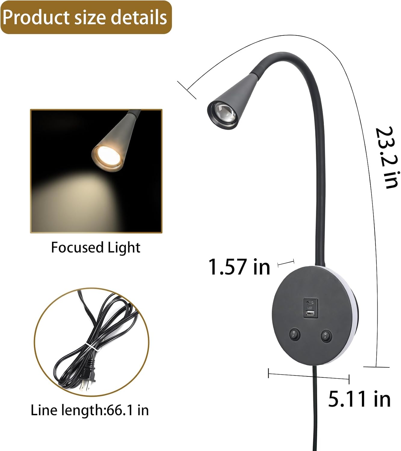 Book Lights for Reading at Night, LED Wall Mounted Reading Light, Flexible Gooseneck Wall Lamps for Bedroom, Plug in Wall Lights with USB Charging, Bedside Wall Sconces Focused Bed Lamp (Black)