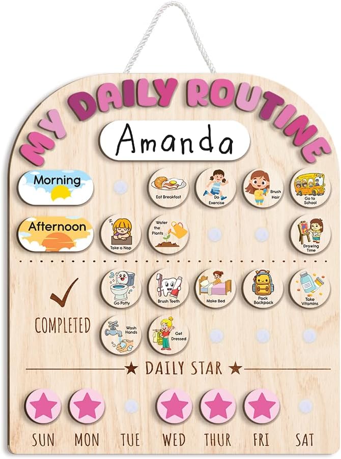 Wooden Daily Routine for Kids, Chore Chart for Toddler, Daily Responsibilities for Kids, Visual Schedule, Morning Bedtime Routine for Girls