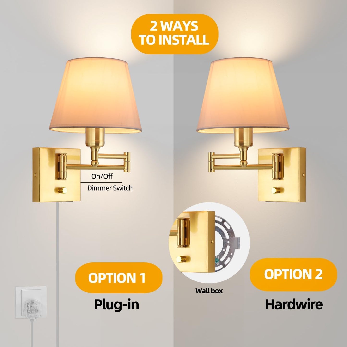 Bedside Wall Mount Light with Dimmable Switch and Outlet, Swing Arm Fabric Shade Wall Sconce Light with USB Port and Plug in Cord, Black Wall Lamp for Bedroom, Living Room and Hotel
