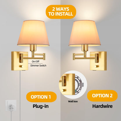 Bedside Wall Mount Light with Dimmable Switch and Outlet, Swing Arm Fabric Shade Wall Sconce Light with USB Port and Plug in Cord, Black Wall Lamp for Bedroom, Living Room and Hotel