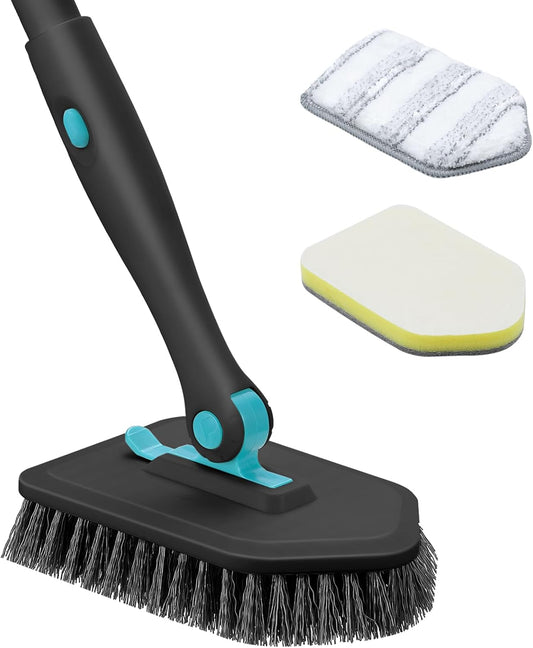 nacena Shower Scrubber with Long Handle, 4 in 1 Tile Tub Scrubber Brush with 3 Detachable Cleaning Heads and V-Shaped Grout Brush Shower Cleaner Brush for Bathroom Kitchen Toilet Tub Sink Wall, Black