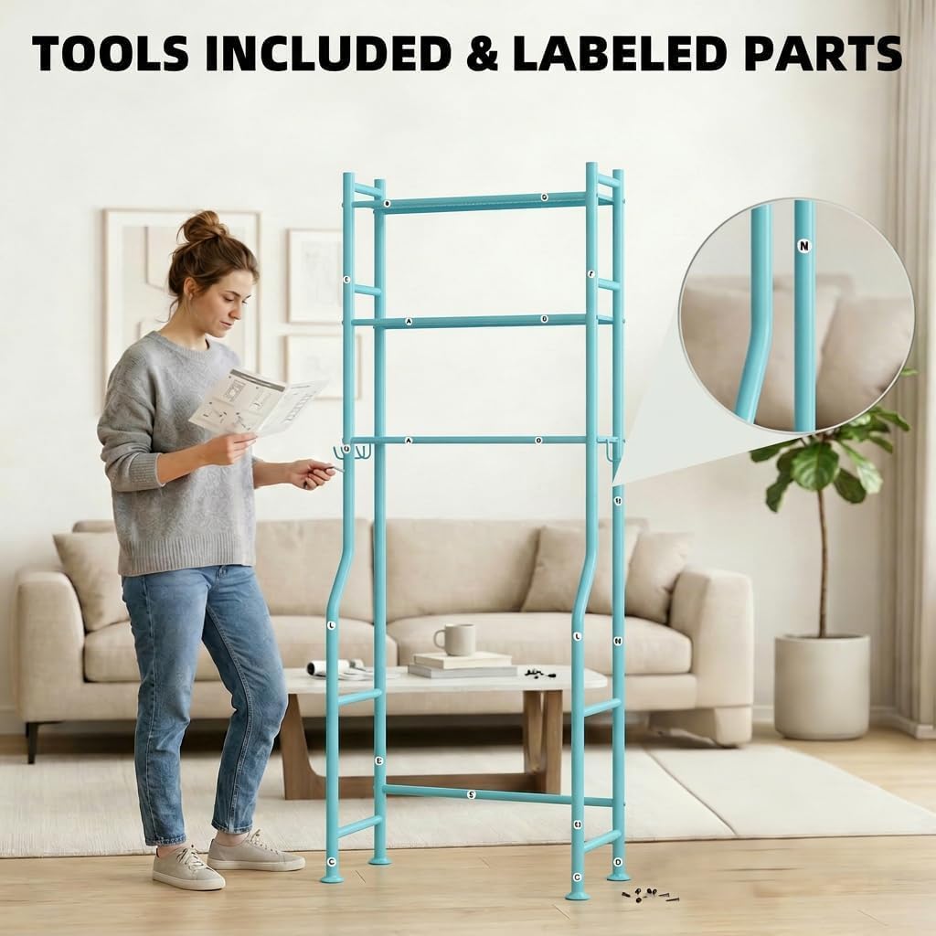 GloTika 3-Tier Over Toilet Storage, Anti-Tilt, 64" H, Black | Anti-Tilt Safety System, 150lb Capacity, Carbon Steel, Freestanding, No Drilling, Anti-Rust Coating, Paper Holder & 4 Hooks