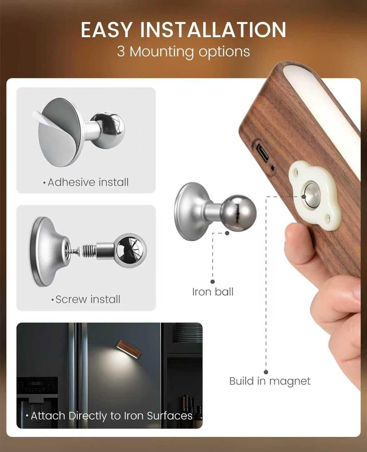 Rechargeable Wall Sconce, Reading Light for Bed, Magnetic Wood Lamp | Set of 2, Black Walnut, Touch Control, Adjustable Brightness, 4000K Nautral Light for Reading, Headboard Light, 360° Rotation