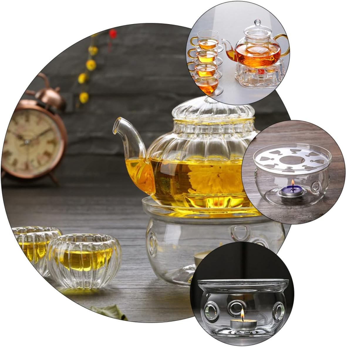 Uonlytech 2pcs Glass Teapot Warmer High Borosilicate Tea Heater Base Heat Stand for Home Office Coffee Shop Without Candle