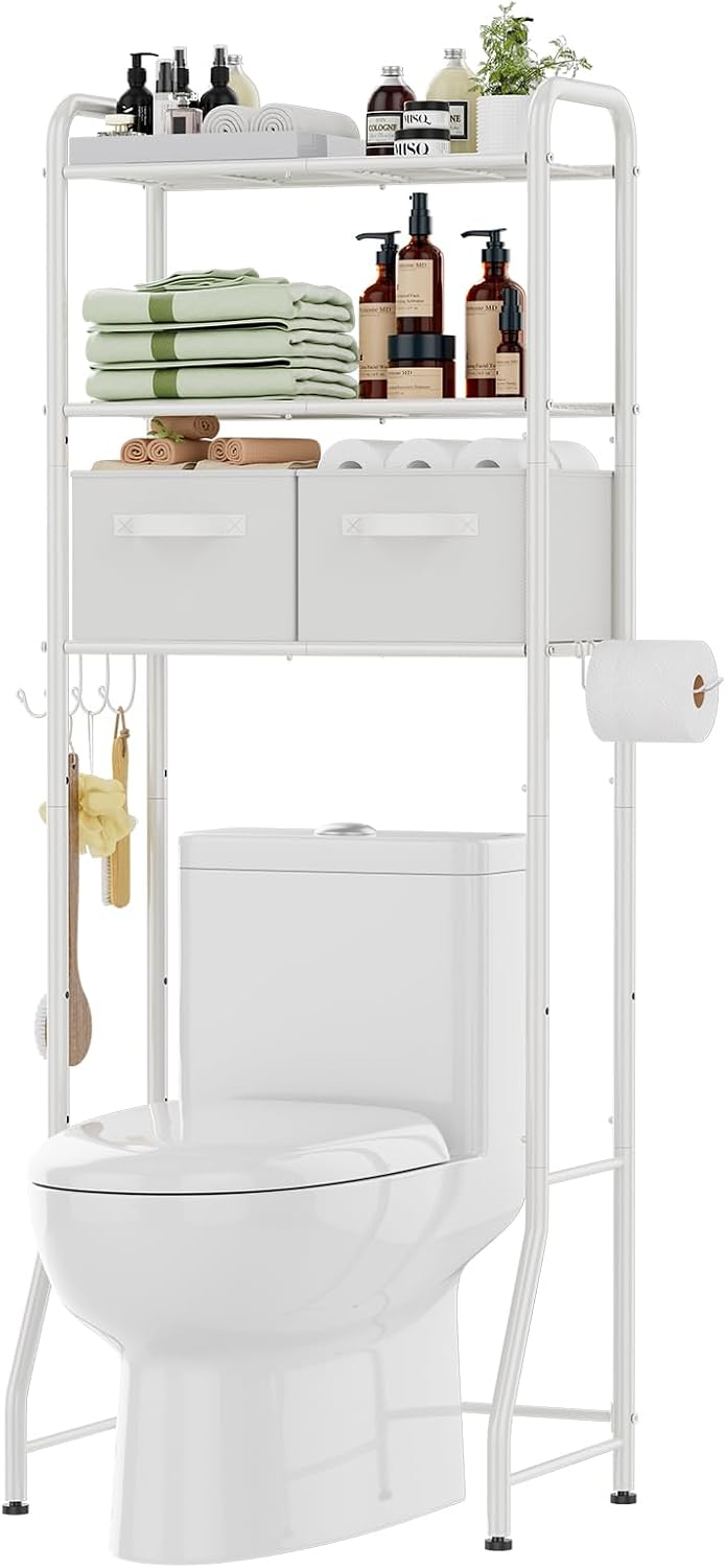 Simple Trending Over The Toilet Storage Cabinet, Metal Bathroom Shelf Organizer with Paper Holder and Hooks, 3 Tier, Black