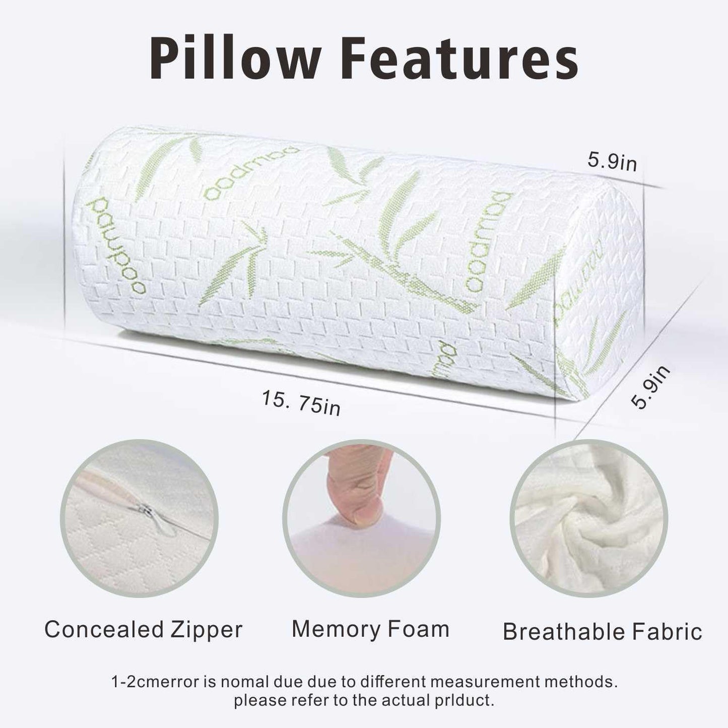 Cervical Neck Roll Pillow – Memory Foam Bolster Pillow for Neck & Back Support, Ergonomic Cylinder Pillow with Washable Cover for Side Sleepers, Lumbar, Knee & Leg Support