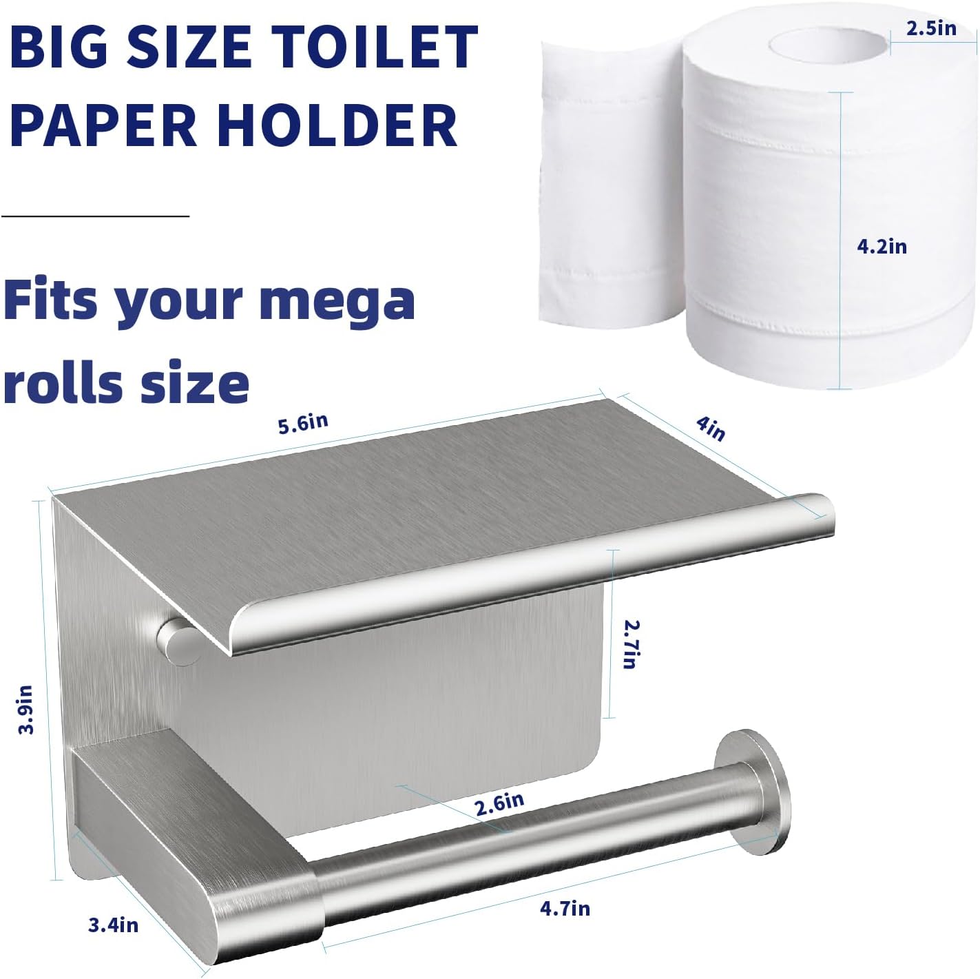 GLNLQ Matte Black Toilet Paper Holder with Shelf, Fits Mega Rolls Size | Adhesive or Screw-in, Waterproof and Rustproof Stainless Steel, Wall Mount Design, Modern Stylish Design, for Bathroom, RV