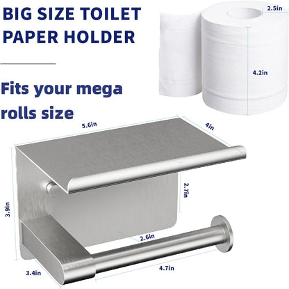 GLNLQ Matte Black Toilet Paper Holder with Shelf, Fits Mega Rolls Size | Adhesive or Screw-in, Waterproof and Rustproof Stainless Steel, Wall Mount Design, Modern Stylish Design, for Bathroom, RV