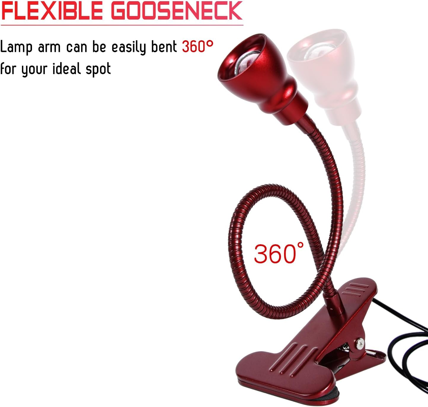 Zoomable Clip on Light, Clamp Reading Light for Dorm Bed Headboard, Dimmable Spotlight with 3 Color Temperature Options, 10 Dimmable Brightness Levels, Adjustable Beam Angle
