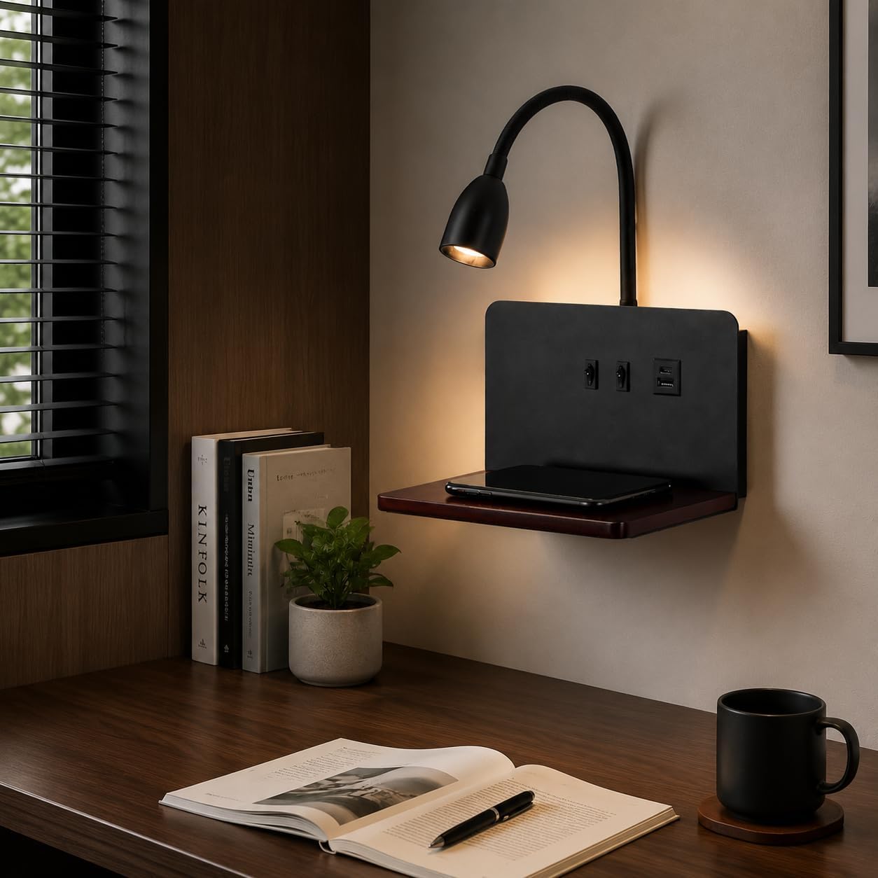 Bedside Wall Sconce with Wireless Charging Station & USB Charging, 3 Adjustable Color Temperatures LED Reading Light, 3000K Warm Ambient lighting Wall Mounted Sconce for Bedroom, Plug-in or Hardwired