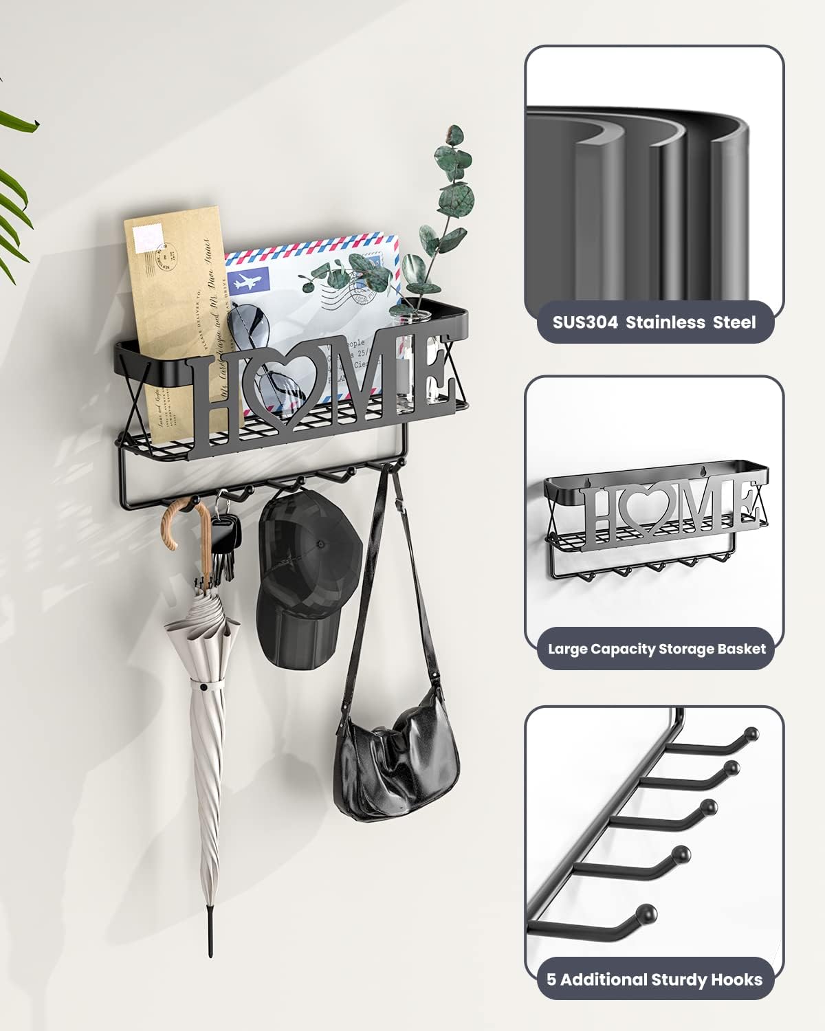 Key Holder for Wall - Key Rack with 5 Key Hooks, 11.02" L×2.75" W×4.92" H, Key and Mail Organizer Wall Mount with Mesh Basket, Key Hanger for Wall, Entryway, Home Decor(Matte Black)