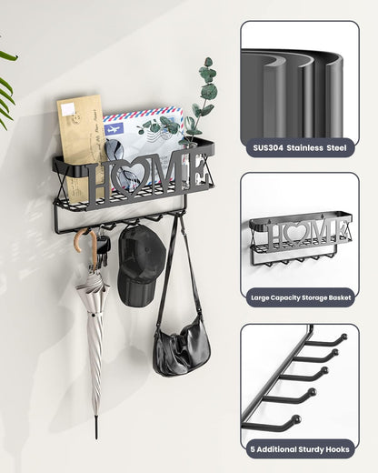 Key Holder for Wall - Key Rack with 5 Key Hooks, 11.02" L×2.75" W×4.92" H, Key and Mail Organizer Wall Mount with Mesh Basket, Key Hanger for Wall, Entryway, Home Decor(Matte Black)