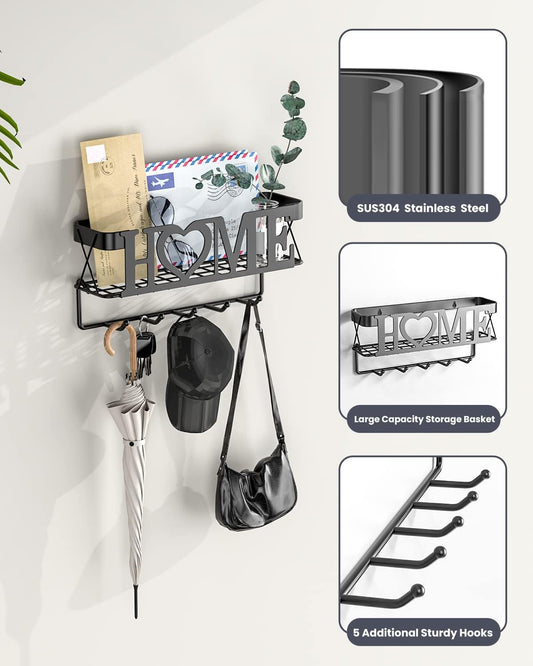 Key Holder for Wall - Key Rack with 5 Key Hooks, 11.02" L×2.75" W×4.92" H, Key and Mail Organizer Wall Mount with Mesh Basket, Key Hanger for Wall, Entryway, Home Decor(Matte Black)