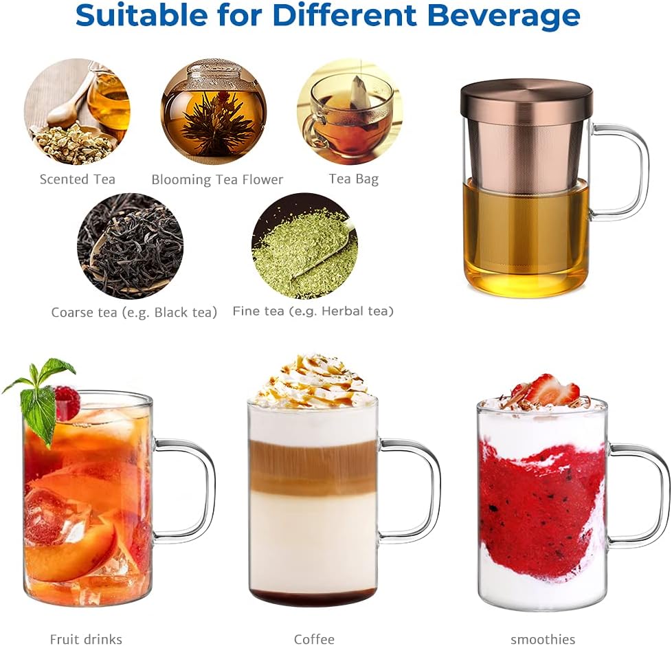 ecooe 16.9 OZ Borosilicate Glass Tea Mug Cup Glasses with Stainless Steel Infuser & Lid, Loose Leaf Tea Cup Clear Teacup 430mL(Use Capacity) | 500ml, Clear Glass Tea Cup, with Stainless Steel Infuser/Lid, Teacup for Loose Leaf Tea, Birthday for Parents