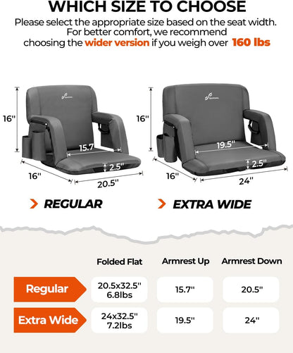 Sportneer Stadium Seats with Back Support: 2.5'' Thick Comfy Cushion 6 Adjustable Angle Bleacher Seat with Armrest - 2 Large Pockets, 2 Cup Holders Stadium Chair for Sport Events Concerts Parks