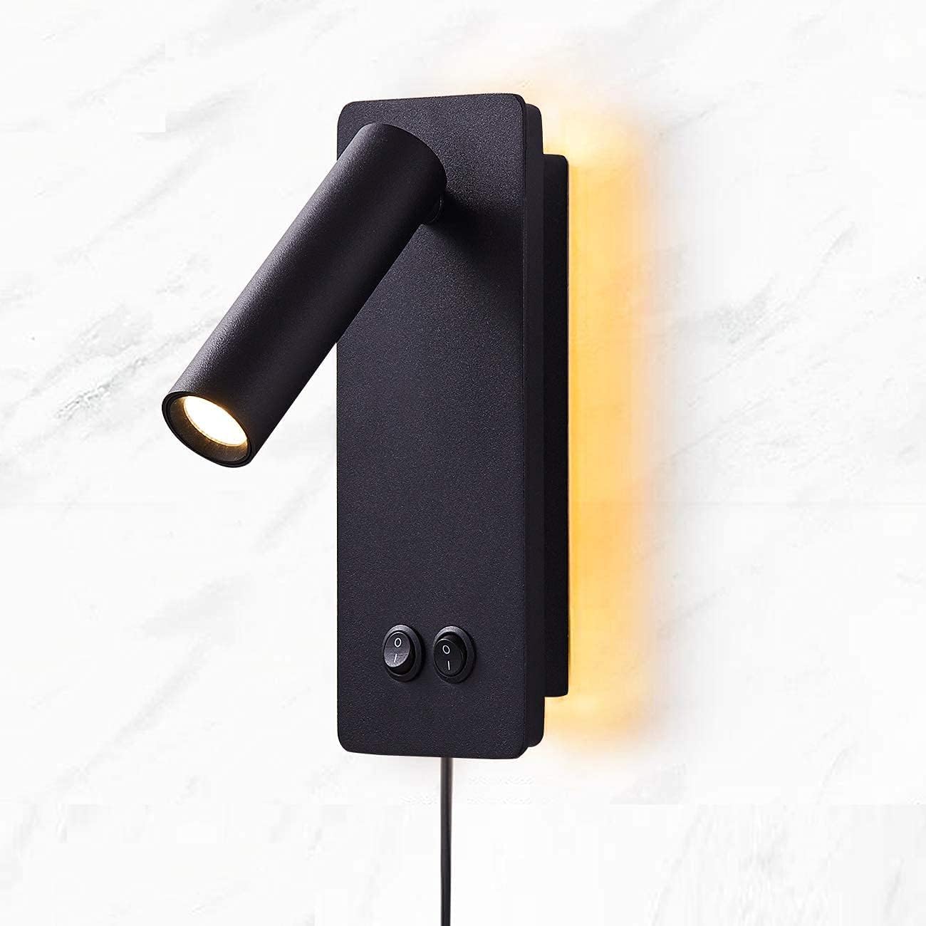 LED wall lamp and reading light two-in-one multifunctional wall sconces. LED Wall Lamp Plug in for Bedroom Bedside Wall Sconces Set of Two Black Reading Light 3W+6W Night Light 3000K(BLACK)