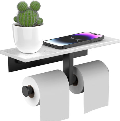 BWE Brushed Gold Toilet Paper Holder with Marble Shelf Wall Mounted | Toilet Paper Roll Holder with Phone Shelf 304 Stainless Steel Tissue Holder for Bathroom Washroom,Saving Space
