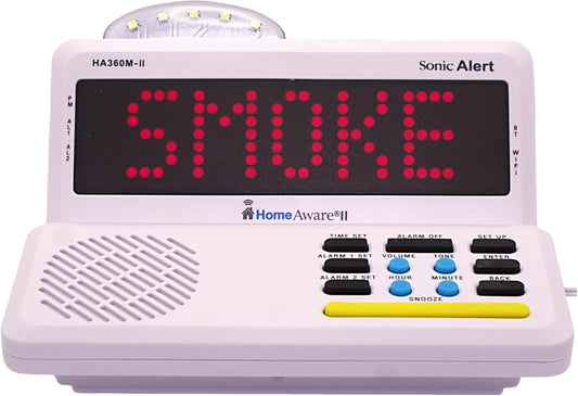 Sonic Alert HomeAware® II Basic Starter Kit – Alerting System for Deaf/Hard of Hearing/Heavy Sleepers – Listens to Your Existing Smoke & CO Alarms – Bed Shaker, Strobe, Scrolling Display, Caller ID