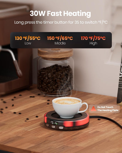 Gaiatop Coffee Mug Warmer for Desk, Beverage Heating Plate -Wood | 3 Temp Settings, 2-9Hrs Timer, 3 Color Light, Digital Display, Stocking Stuffers, for Candle Tea Milk