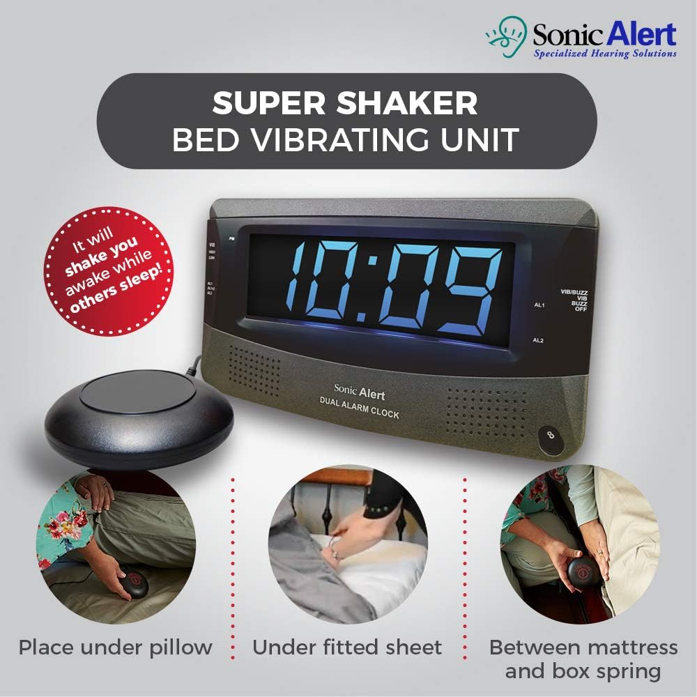 Sonic Alert Dual Extra Loud Alarm Clock with Bed Shaker Sonic Boom Vibrating Alarm Clock for Heavy Sleepers, Battery Backup | Wake with a Shake (Black)