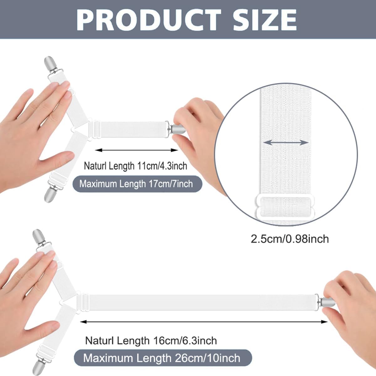 Bed Sheet Holder Straps, Heavy Duty Adjustable Elastic Sheet Clips, Fitted Sheet Holders for Corners Keep Sheets in Place, Easy Install Mattress Firm Tight Accessories 4 Pack White