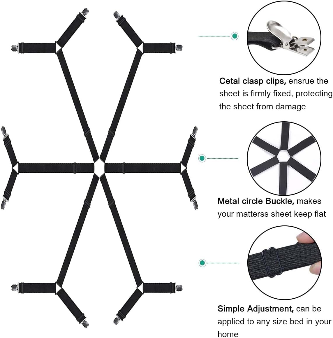 Sheet Fasteners, Adjustable Elastic Bed Sheet Holder Straps for Full,Queen,King Twin Bed,6 Way Cross Sheet Clips Suspenders Band,Fitted Round and Square Mattresses