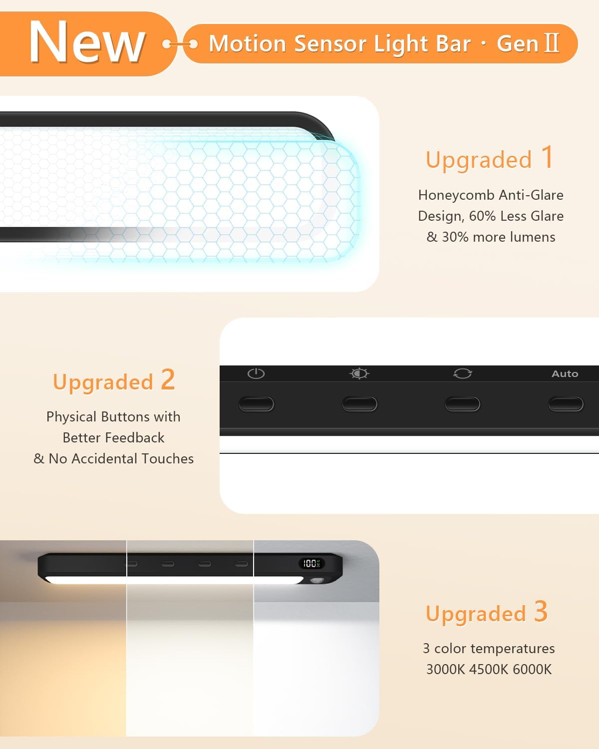 WILLED Under Cabinet & Closet Lights, Motion Sensor, Rechargeable, Magnetic, 3 Color Temps, Dimmable LED Light Bar for Indoor Kitchen Counter (4 Pack, White)