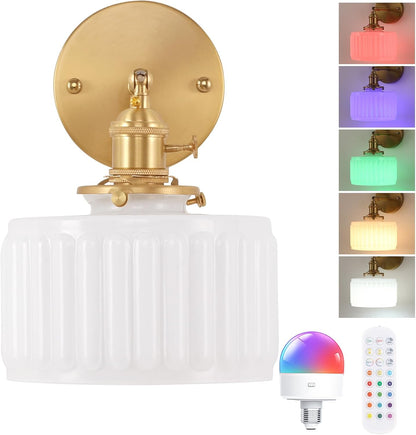 Shenmoyl Battery Operated Wall Sconce with Green Striped Shade Pattern Glass Adjustable Chain Retro Gold Wall Mounted Light, Modern Wall Lamp Fixtures Decor for Bedside Bedroom Indoor Doorway