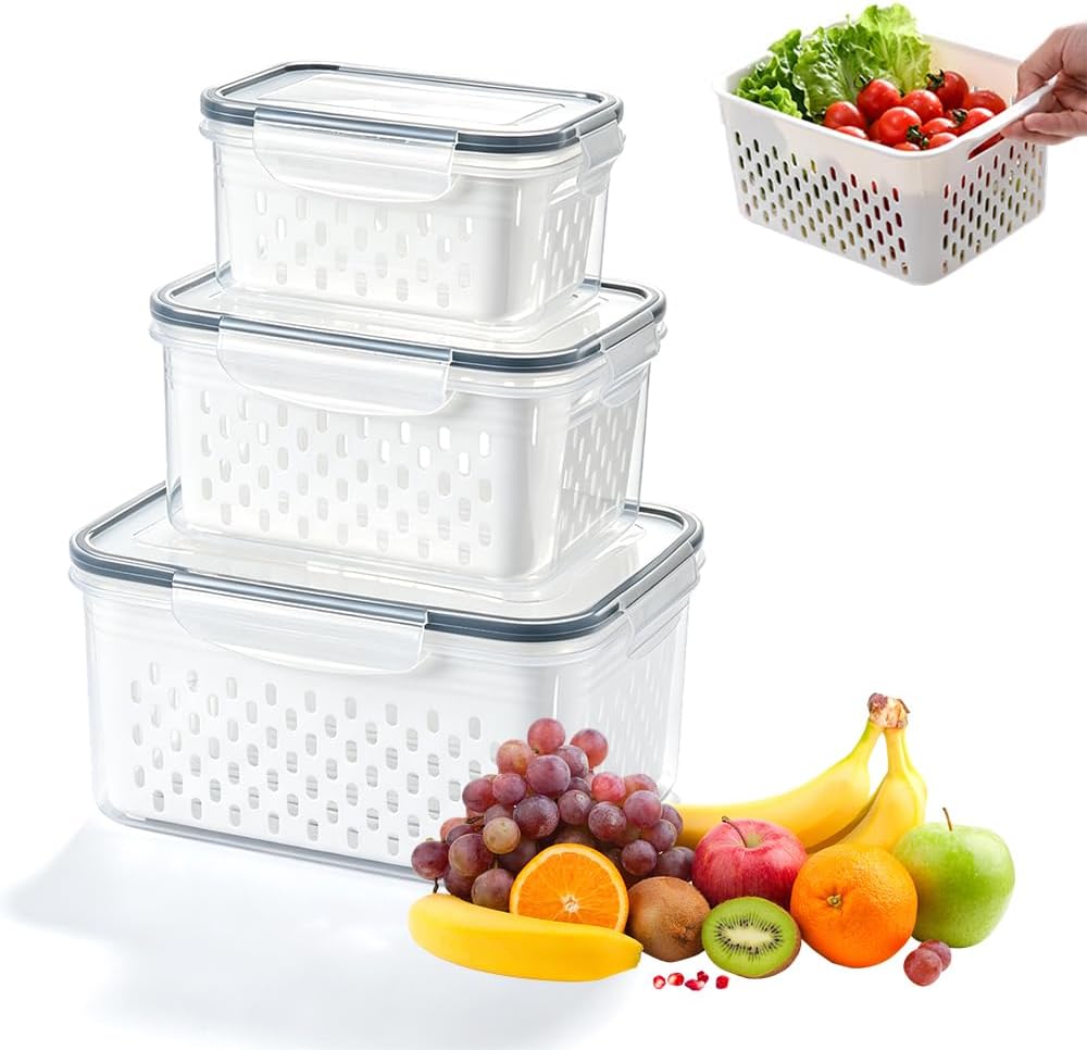 Fruit Storage Containers for Fridge with Removable Colanders and Lids | 4-in-1 Multifunctional transparent plastic produce containers, leakproof fridge organizers for Fruit, vegetables & meal prep