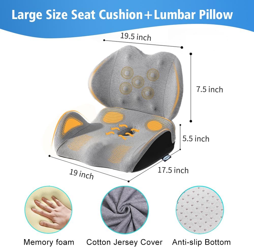 Lexeme X Large Memory Foam Seat Cushion Lumbar Support Pillow for Sciatica & Tailbone Pressure Relief Coccyx Pad for Office Chair, Car,Wheelchair,Home,Office
