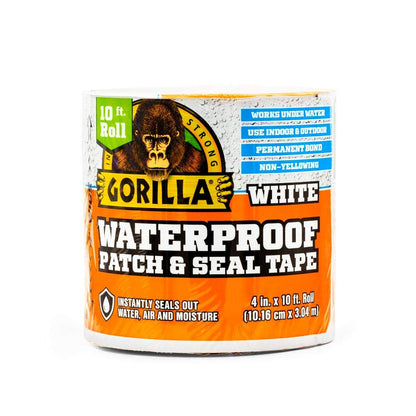 GORILLA Waterproofing Tape, Permanent, White, 4" x 10 | Weather Resistant for Leaks and Repairs, Conforms to All Surfaces, UV and Moisture Resistant Backing