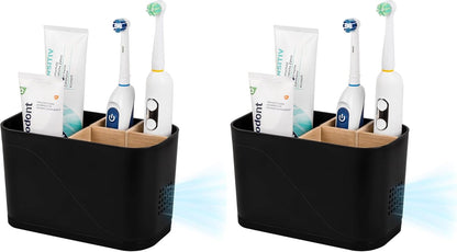 Electric Toothbrush Holder Tooth Brush and Toothpaste Organizer, Black | 3 Slots, Drainage Holes, Removable Bamboo Divider, Ventilation Design, Space-Saving, for Bathroom Countertop, Shower, Vanity