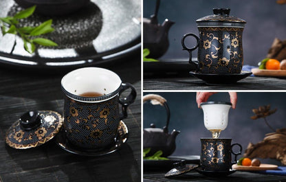 Porcelain Tea Cup with Infuser Lid and Saucer Sets - Chinese Jingdezhen Ceramics Coffee Mug Teacup Loose Leaf Tea Brewing System for Home Office