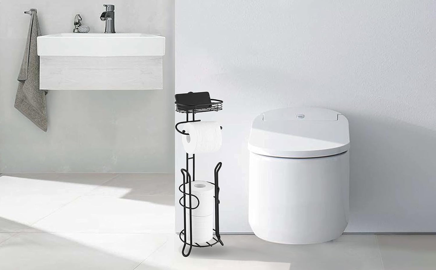 SunnyPoint Bathroom Heavyweight Toilet Tissue Paper Roll Storage Holder Stand with Reserve and Shelve, The Reserve Area Has Enough Space to Store Mega Rolls. (Chrome)