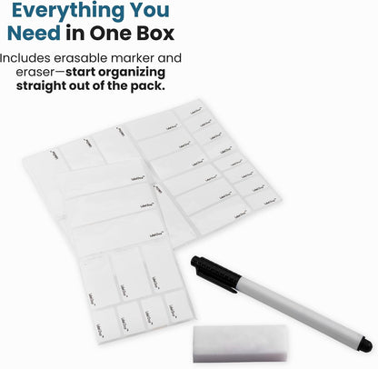 Jokari Label Once Erasable Food Labels with Marker and Eraser Reusable | Kitchen Storage Freezer Dishwasher, Microwave Safe 70 Pack, Includes Marker and Eraser, Labels for Any Task