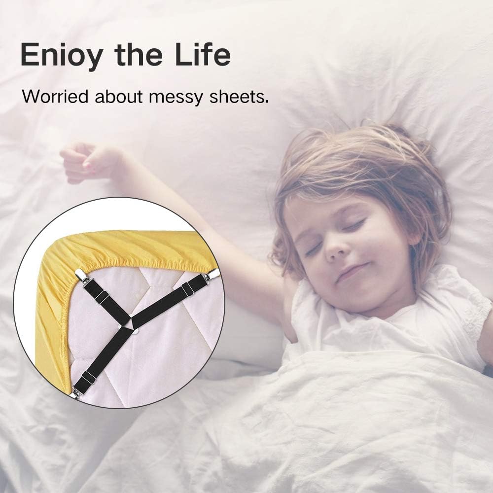 Foloda Sheet Holders, 4 pcs Adjustable Bed Sheet Straps, Fitted Sheet Holder Clips Fasteners Suspenders Gripper Locker Scrunchie for Bed Mattress Corners, Keep Sheet Firm Tight