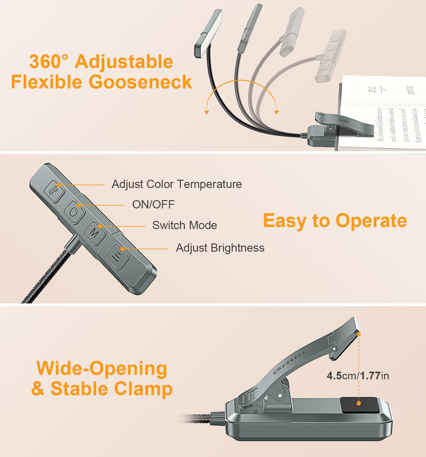 Gritin 2026 Gen 2 Book Light for Reading- 32 Eye Caring Full Spectrum LED | 5 Colors & 5 Brightness, Adjustable Wide/Narrow Beam, Upgrade 1500mAh Long-Lasting Rechargeable Clip on Light for Book Lovers