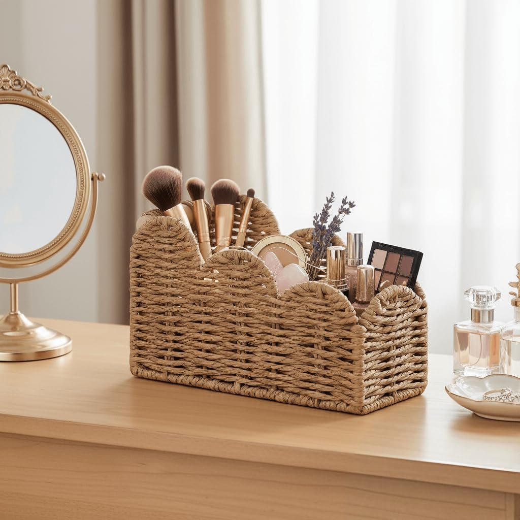 CubesLand Bedside Table Desk Organizer Caddy, Remote Pen&Pencil Holder Cup | Makeup Brush Holder w/Scalloped Perfect for Home, Office Desk, Living Room Table Decor, 3 Slots Neutral