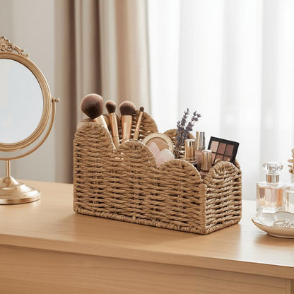 CubesLand Bedside Table Desk Organizer Caddy, Remote Pen&Pencil Holder Cup | Makeup Brush Holder w/Scalloped Perfect for Home, Office Desk, Living Room Table Decor, 3 Slots Neutral