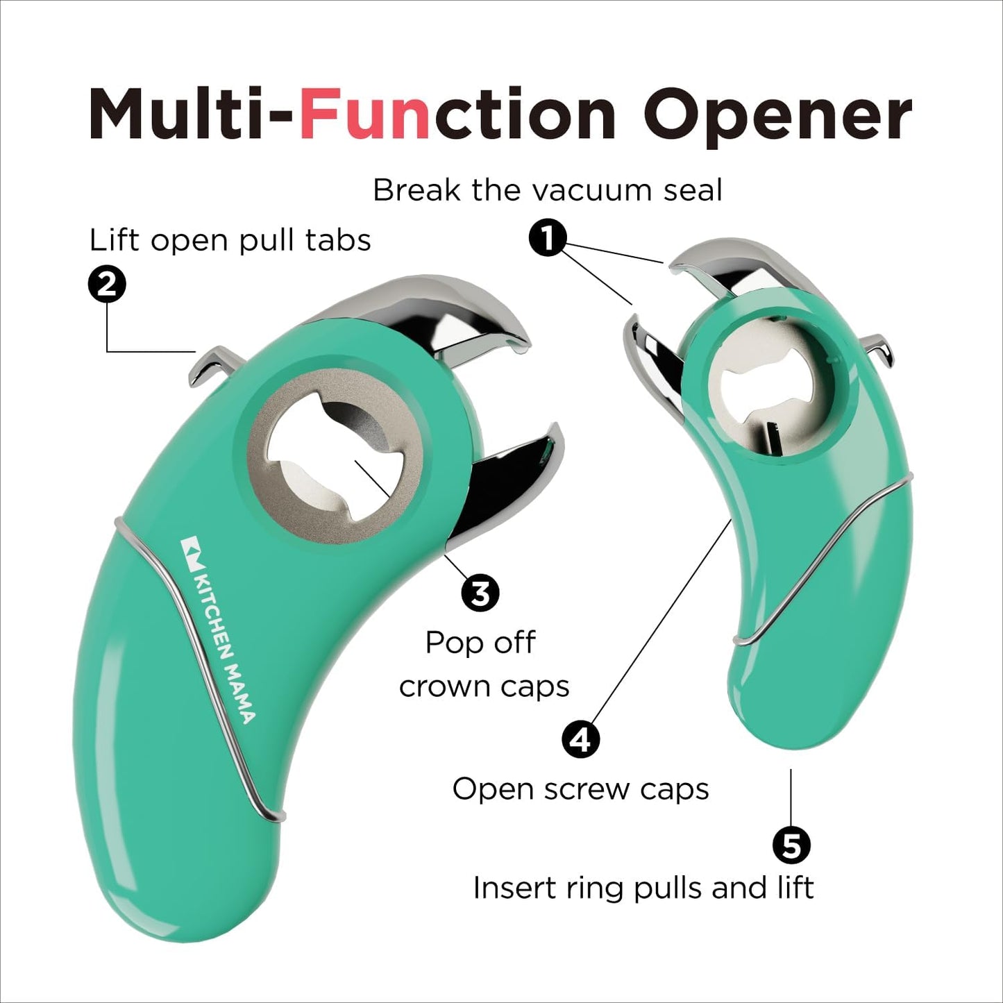 Kitchen Mama Epic One Multifunction Opener, Teal | Magnetic Bottle Opener, Beer Soda Opener, Effortless Jar Lid Opener, For Seniors and Elderly with Weak Hands and Arthritis