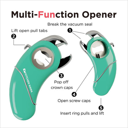 Kitchen Mama Epic One Multifunction Opener, Teal | Magnetic Bottle Opener, Beer Soda Opener, Effortless Jar Lid Opener, For Seniors and Elderly with Weak Hands and Arthritis