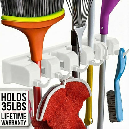 Broom Holder Wall Mount, Broom and Mop Organizer Wall Hanging Rack & Hanger | (Black) Broom Hanger Wall Mount, Mop and Broom Holder Wall Mount, Mop Holder, Hanger for Brooms and Mops, 5 Slots 6 Hooks