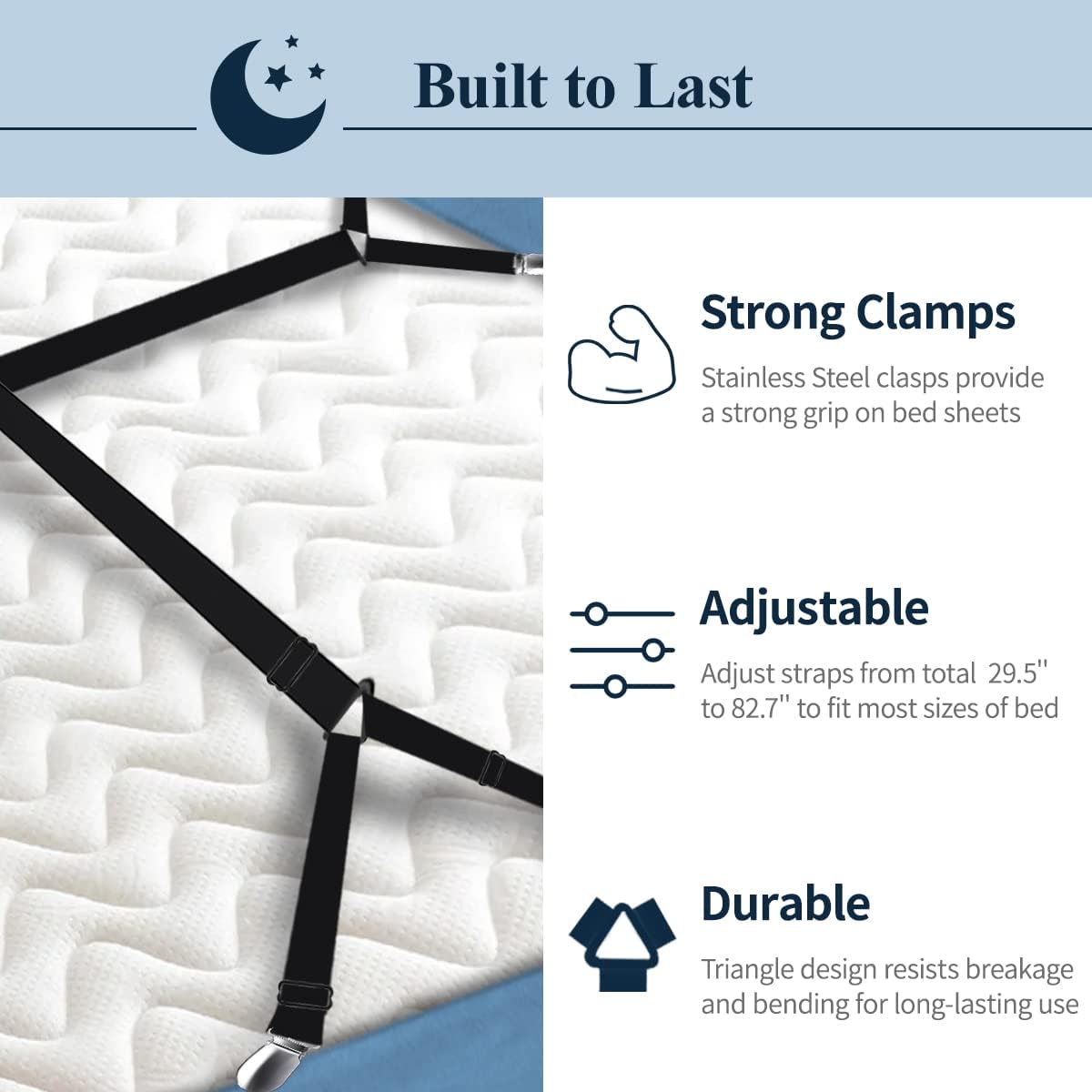 Sopito Sheet Straps, Adjustable Bed Sheet Suspenders Max Stretch from 29.5 in to 82.7 in Compatible for Crib to King Size Bed, Non Slip Holder Fasteners Clips, 2pcs/Black