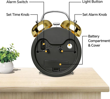 4.5" Metal Loud Alarm Clock for Heavy Sleepers Adults, Analog Battery Operated Alarm Clock with Bells Glow in Dark Numbers, Silent Old School Bedside Desk Clock for Bedroom Office Kids, Black
