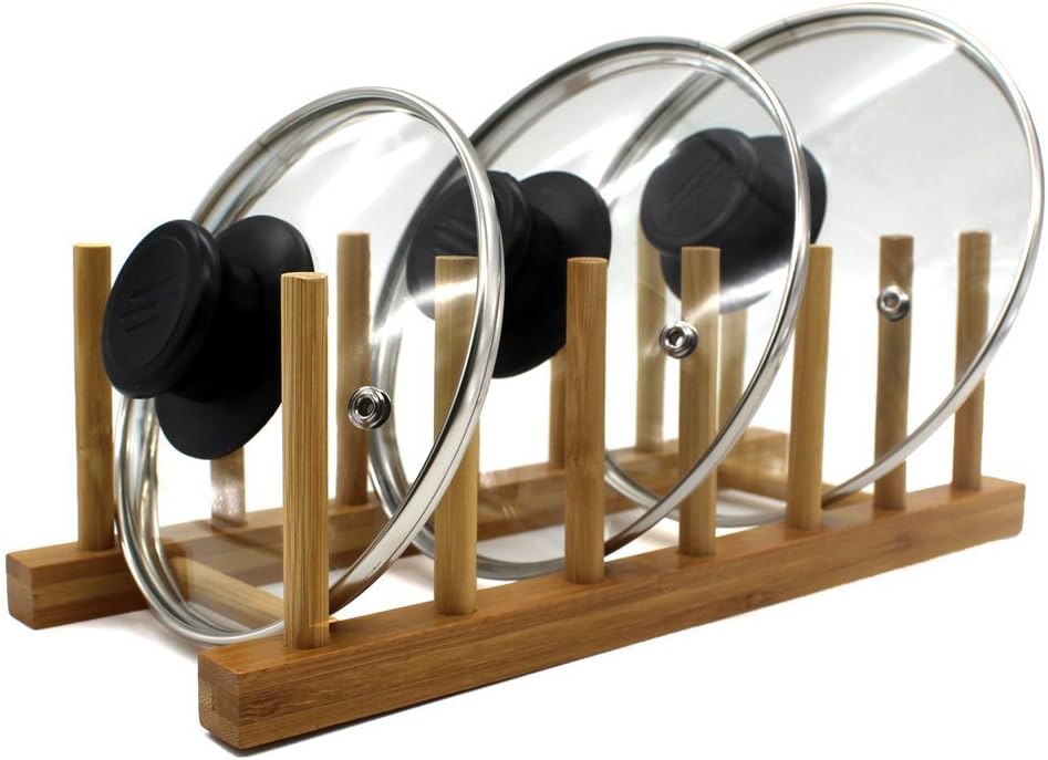 INNERNEED Bamboo Wooden Dish Rack, Vertical Plate & Lid Organizer | for Kitchen Cabinet or Countertop, Drying Stand for Dishes, Cutting Boards