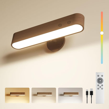 PopoIron Rechargeable LED Wall Sconces Set of Two,Wall Lights for Bedroom with Remote Control and Touch,360° Magnetic Rotation,3 Colors Dimmable Brightness Wood Wall Lamps with 15 RGB Colors,2 Pack