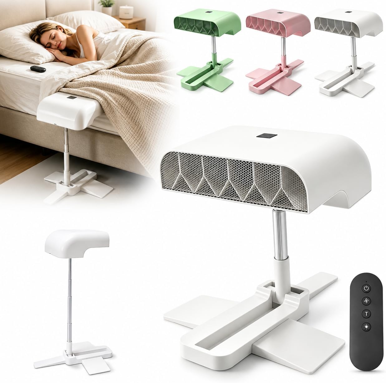 Under Sheets Cooling Fan, Mattress Cooling Fan for Hot Sleepers, Rechargeable Air System with Remote, 5 Speeds, Adjustable Height, Quiet Under Blanket Airflow for Low and Standard Beds (White)