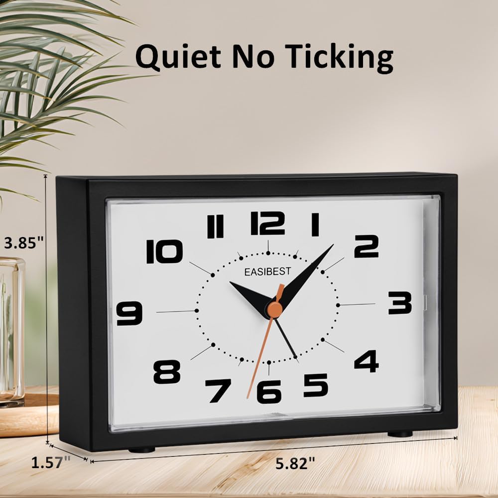 Silent No Ticking Analog Alarm Clock,Crescendo Alarm,Snooze with Light,Tablemount Wall Mount for Desk Bedside,Black