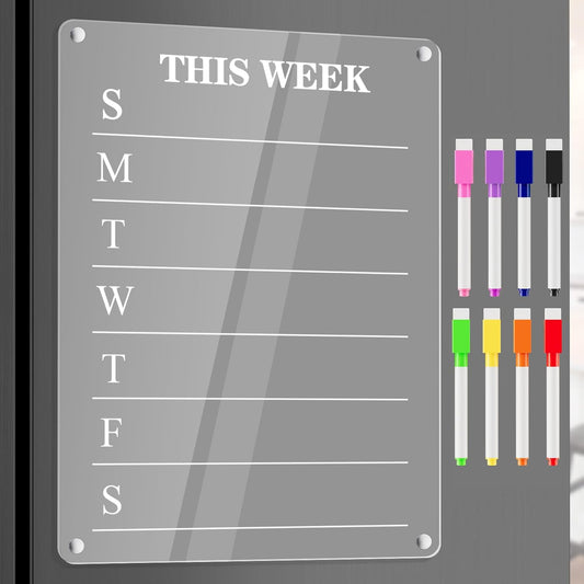 Acrylic Magnetic Calendar for Fridge Dry Erase Board Calendars Weekly Planner Whiteboard for Refrigerator Magnetic WhiteBoard with 8 Colors Markers 12'' x 8''