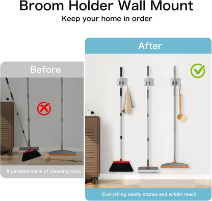 nacena 4 Pack No Drill Self Adhesive Broom Mop Holder Wall Mount with Hooks, Heavy Duty Stainless Steel Organizer for Kitchen Bathroom Garage Storage, Black